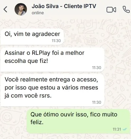 Conversa no WhatsApp: João Silva contando que assinar o Aranha TV+ foi a melhor escolha que fez