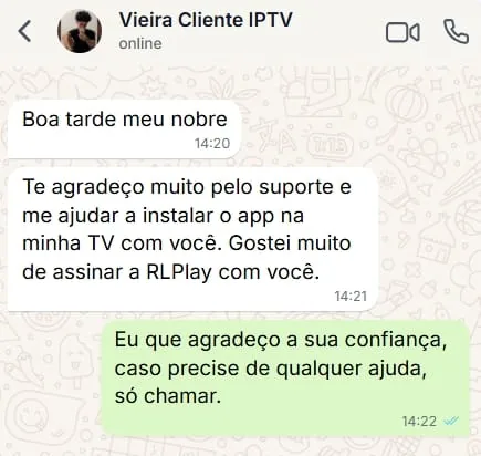 Conversa no WhatsApp: Vieira agradecendo o suporte na instalação do app na TV